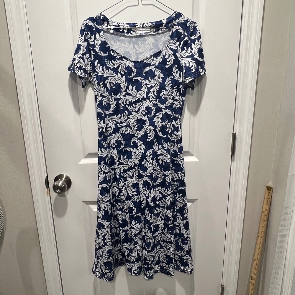 HELYO Womens Fit‎ and Flare Dress Damask Scroll Print Blue White Size M